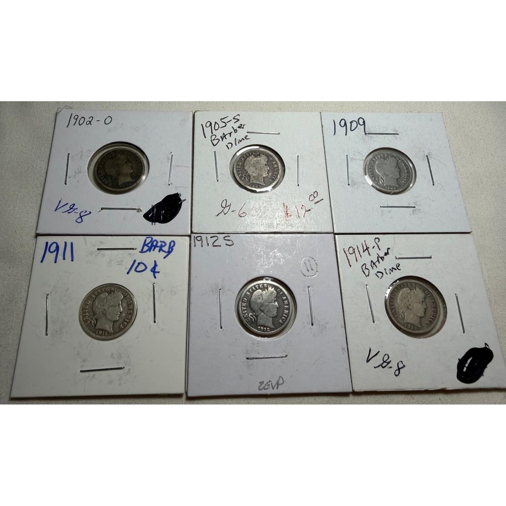 Lot of 6 Barber Silver Dimes 1902-O 1905-S 1909‎ 1911 1912-S 1914-P US Coins
